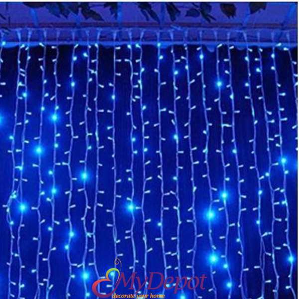 Завеса от 200 LED сини лампички с прозрачен кабел. 2х1 метра с възможност за наставяне. Външна употреба