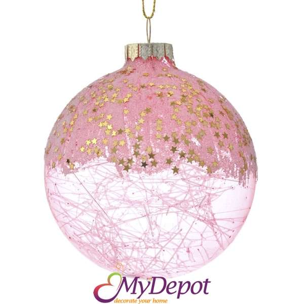 Комплект 6 бр. стъклена топка с розова декорация, 8 см