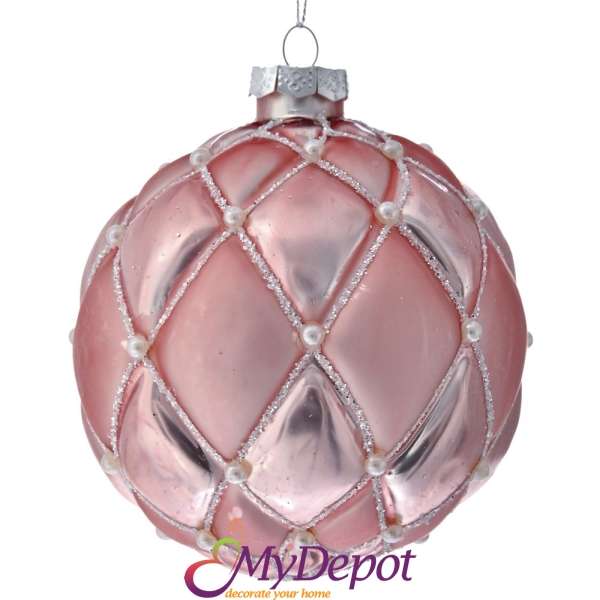 Комплект 4 бр. стъклена розова топка с перлена декорация, 10 см