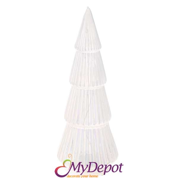 Стъклена бяла елха с LED лампички, 8х20 см