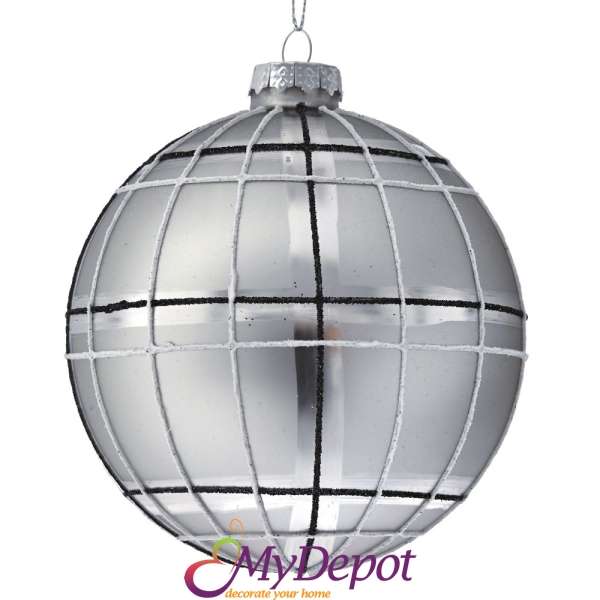 Комплект от 4 бр стъклена карирана сребърна топка, 10 см