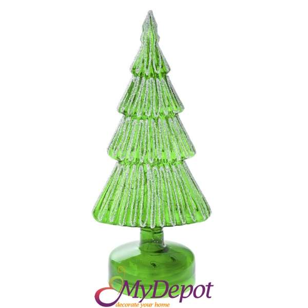 Стъклена зелена елха с LED лампички, 9х35 см