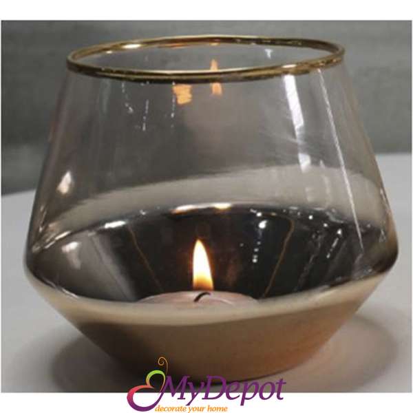 Стъклен свещник с розово злато, 11х8,5 см