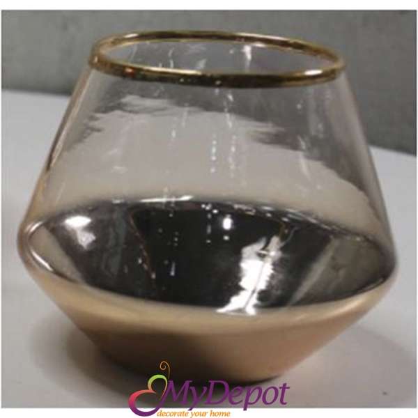 Стъклен свещник с розово злато, 9х7,5 см