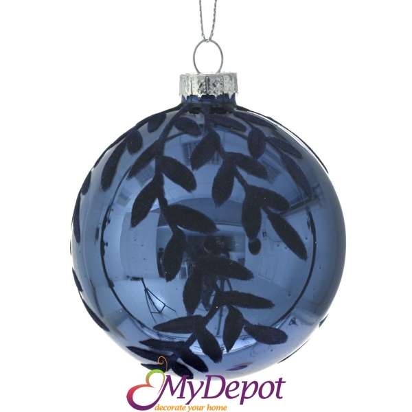 Комплект от 6 бр стъклена синя топка с декорация от кадифени листенца, 8 см