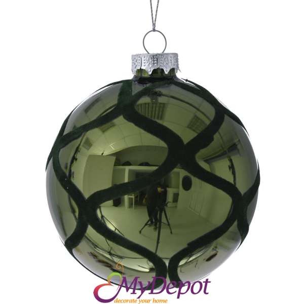 Комплект от 4 бр стъклена зелена топка с декорация от кадифени ленти, 10 см