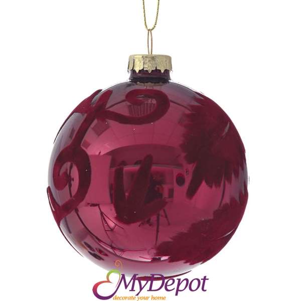 Комплект от 6 бр стъклена бордо топка с декорация от кадифени орнаменти, 8 см