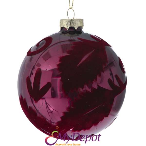 Комплект от 4 бр стъклена бордо топка с декорация от кадифени орнаменти, 10 см