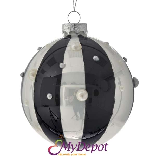 Комплект от 4 бр стъклена черно-бяла топка с перлена декорация, 10 см