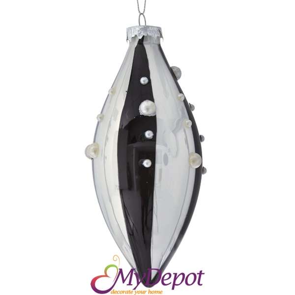 Комплект от 4 бр стъклена черно-бяла висулка с перлена декорация, 7х16 см