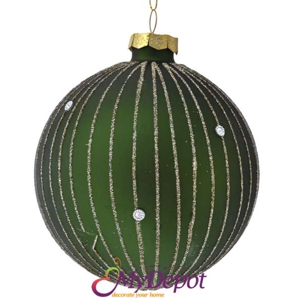Комплект от 4 бр, стъклена зелена топка с брокатени ивици и декор перли, 10 см