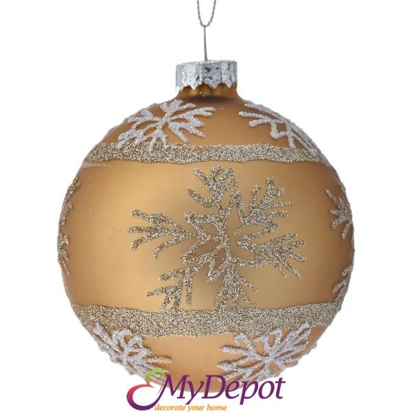 Комплект от 6 бр, стъклена златна топка с брокатени снежинки, 8 см