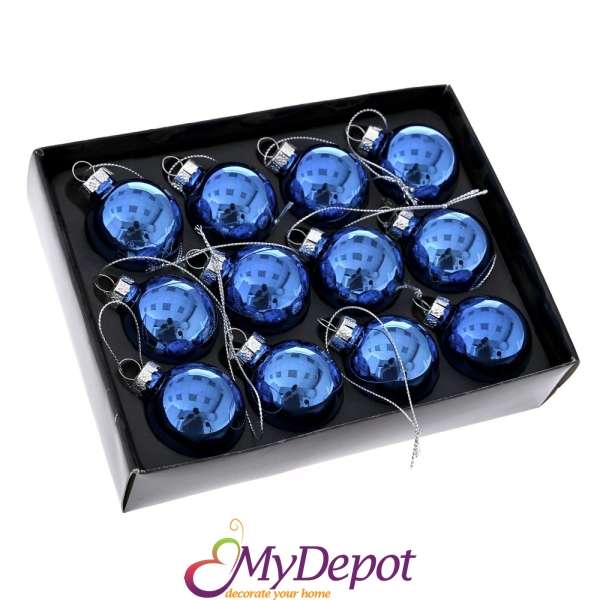 Комплект от 12 бр, лъскави стъклени топки в кралско син цвят, 4 см