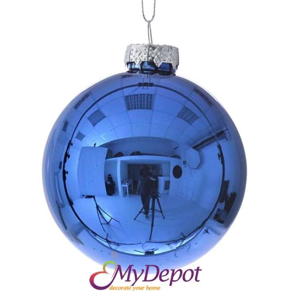 Комплект от 6 бр, лъскави стъклени топки в кралско син цвят, 8 см