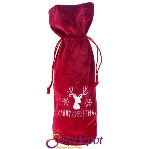Торбичка за бутилка от червено кадифе с бродиран надпис MERRY CHRISTMAS, 15х36 см