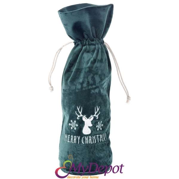 Торбичка за бутилка от зелено кадифе с бродиран надпис MERRY CHRISTMAS, 15х36 см