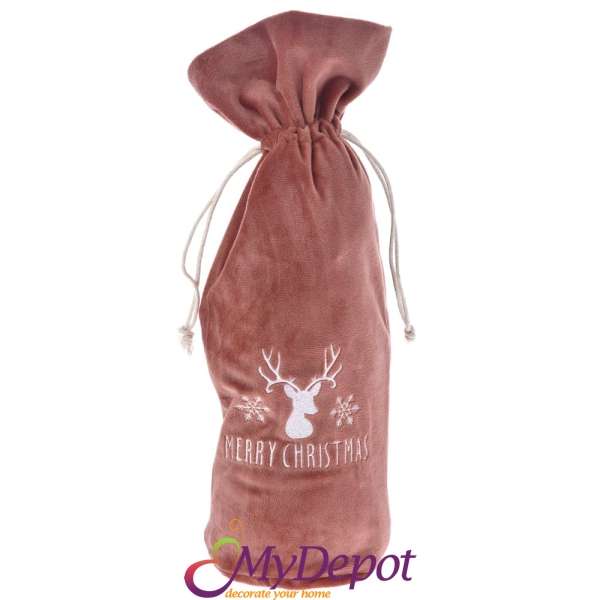 Торбичка за бутилка от розово кадифе с бродиран надпис MERRY CHRISTMAS, 15х36 см