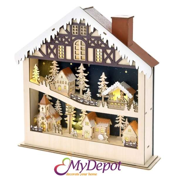 Коледна светеща 3D къща от естествено дърво с декор . Размер: 30х7х31 см