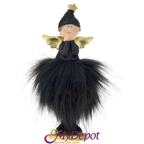 Керамична фигурка ангел с рокля от черен пух. Размер: 5,8х3,5х16 см