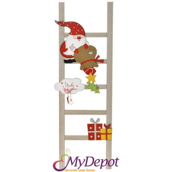Коледна дървена стълба с Дядо Коледа и подаръци. Размер: 22,5х1,5х60 см
