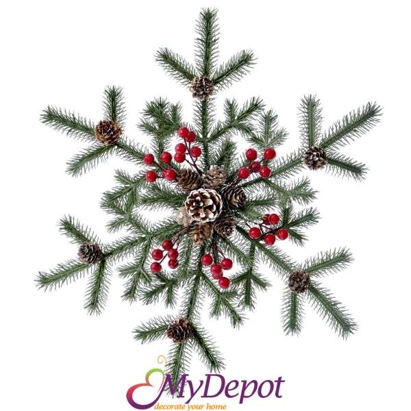 Снежинка от елхови клонки с червени топчета, 50 см