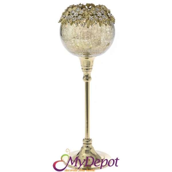 Метален свещник чаша в злато с месингови украшения, Ф7х35 см