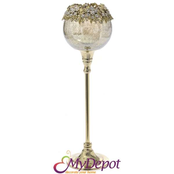 Метален свещник чаша в злато с месингови украшения, Ф7х41см