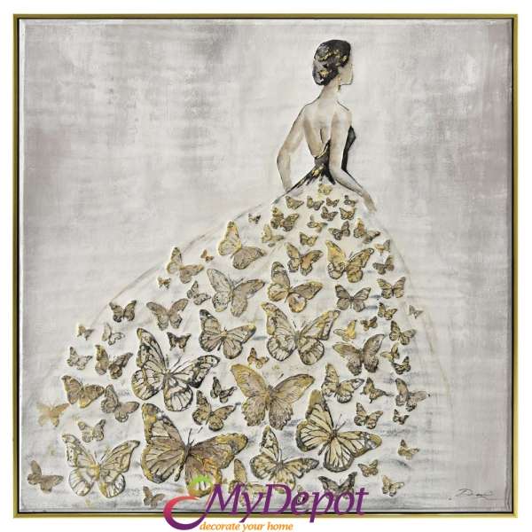 Картина жена с пеперудена рокля с маслени бои и златна рамка. Размер: 102х102 см