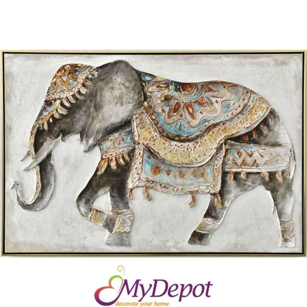 Картина слон с маслени бои и златна рамка. Размер: 82х122 см
