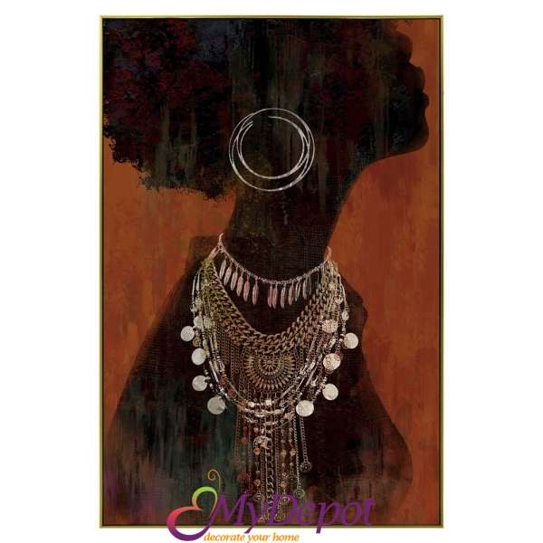 Картина африканка с маслени бои и златна рамка. Размер: 82х122 см
