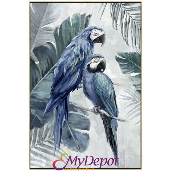 Картина сини папагали с маслени бои и златна рамка. Размер: 62х92 см