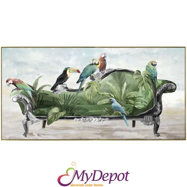 Картина тропически папагали на диван. Рисувана с маслени бои и златна рамка. Размер: 142х72 см