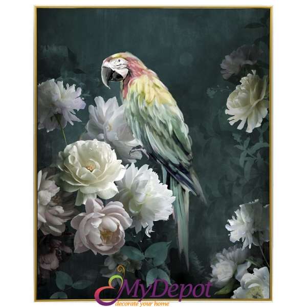 Картина папагал и цветя. Рисувана с маслени бои и златна рамка. Размер: 42х52 см
