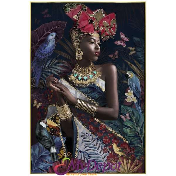 Картина африканка с накити изработени от златно фолио. Рисувана с маслени бои и златна рамка. Размер: 82х122 см