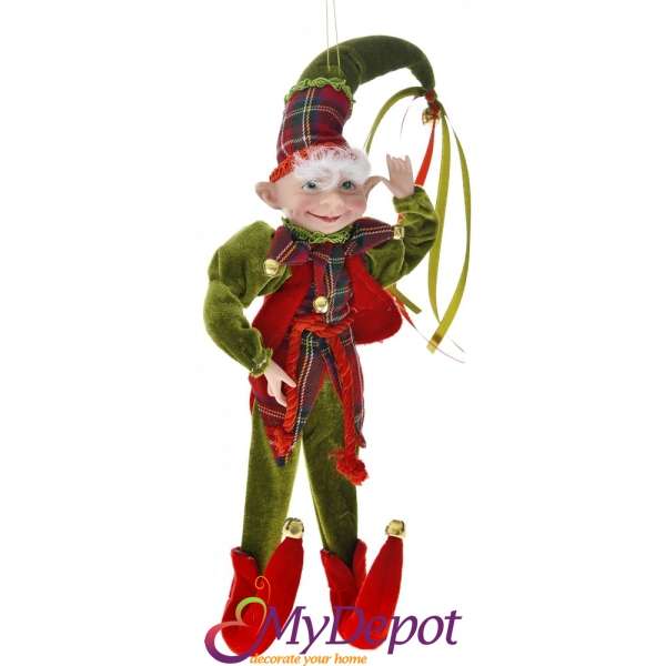 Елф с червено-зелен кариран костюм, 30 см