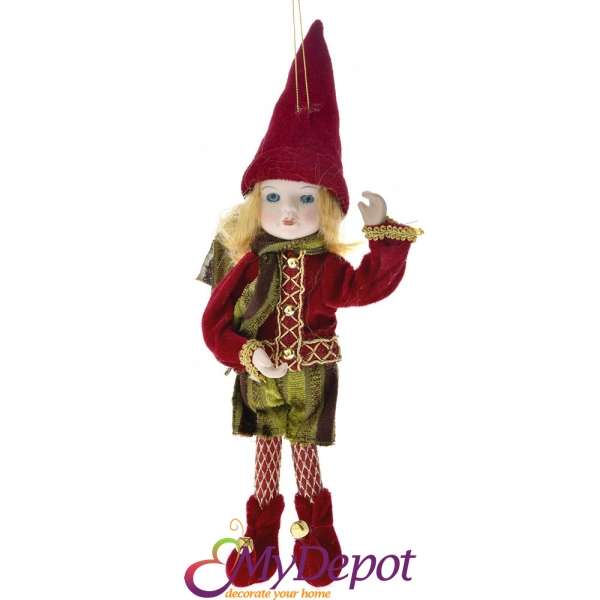 Кукла в кадифени червено-зелени дрехи , 30 см