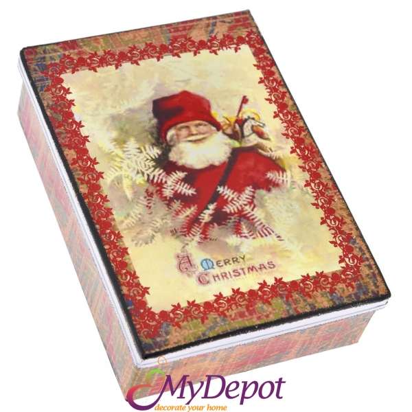 Метална кутия в червено с ретро принт Дядо Коледа, 11,5х16,5 см