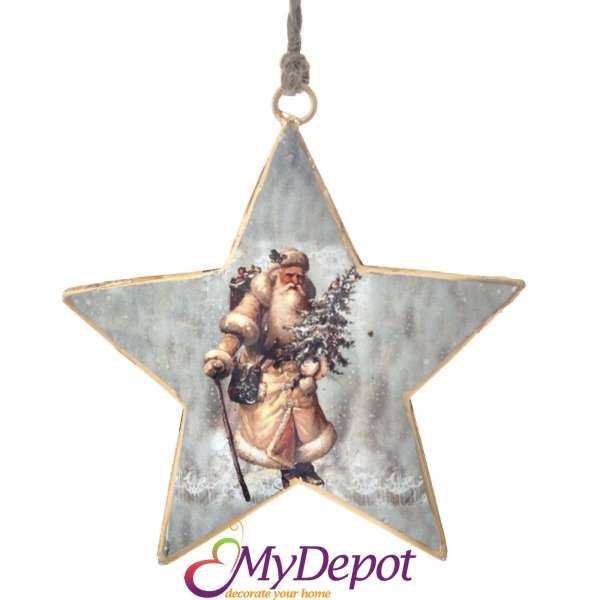 Метална висулка звезда с ретро принт Дядо Коледа, 10х10 см