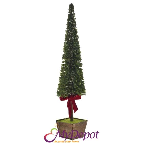 Зелено дръвче oт пластик връхчета с червена панделка в дървена саксия, 16х50 см, - 75 см