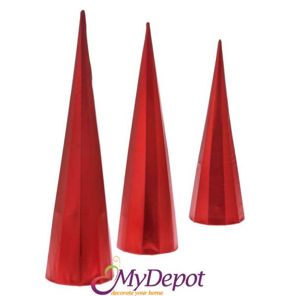 Комплект 3 бр червени конуса от лъскав плат, 40 см- 50 см- 60 см