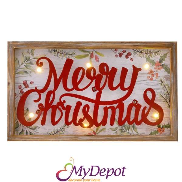 Коледно светещо пано с метален надпис MERRY CHRISTMAS в дървена рамка. Размер: 24х5х15 см