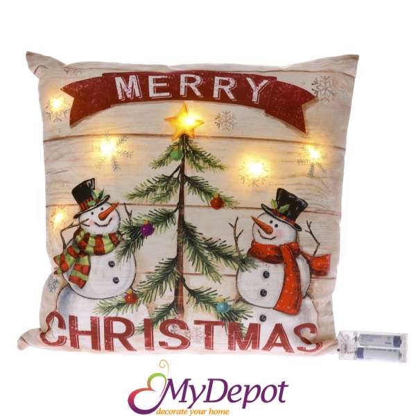 Коледна декоративна светеща възглавница MERRY CHRISTMAS със Снежковци. Размер: 40х40 см