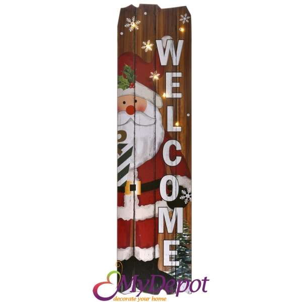 Коледно светещо дървено пано WELCOME с Дядо Коледа. Размер: 23х2х90 см