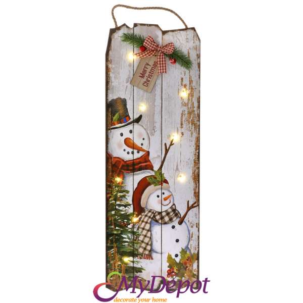 Коледно светещо дървено пано MERRY CHRISTMAS със Снежко. Размер: 20х2х60 см