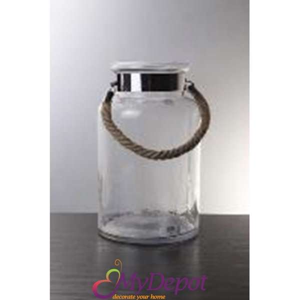 Светилник от изчистено стъкло с въжена дръжка. Размер: 18х30 см