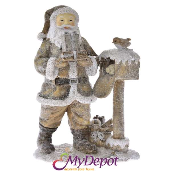 Поли фигурка - Дядо Коледа в сив кожух с пощенска кутия, 14х9,5х20 см