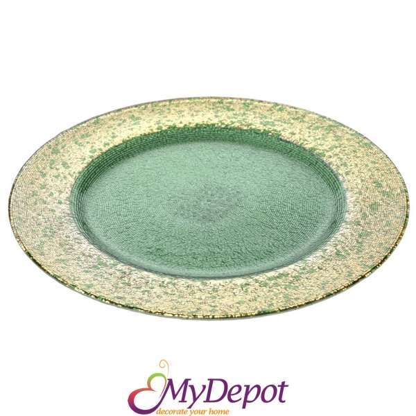 Стъклена зелена чиния със златен кант, Ф 33 см