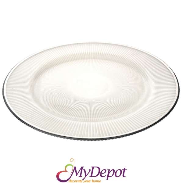 Стъклена чиния в перлено бежово със сребърен кант, Ф 33 см