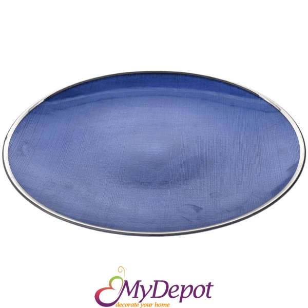 Стъклена синя чиния със сребърен кант, Ф 33 см