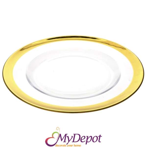 Стъклена прозрачна чиния със златен кант, Ф 32 см